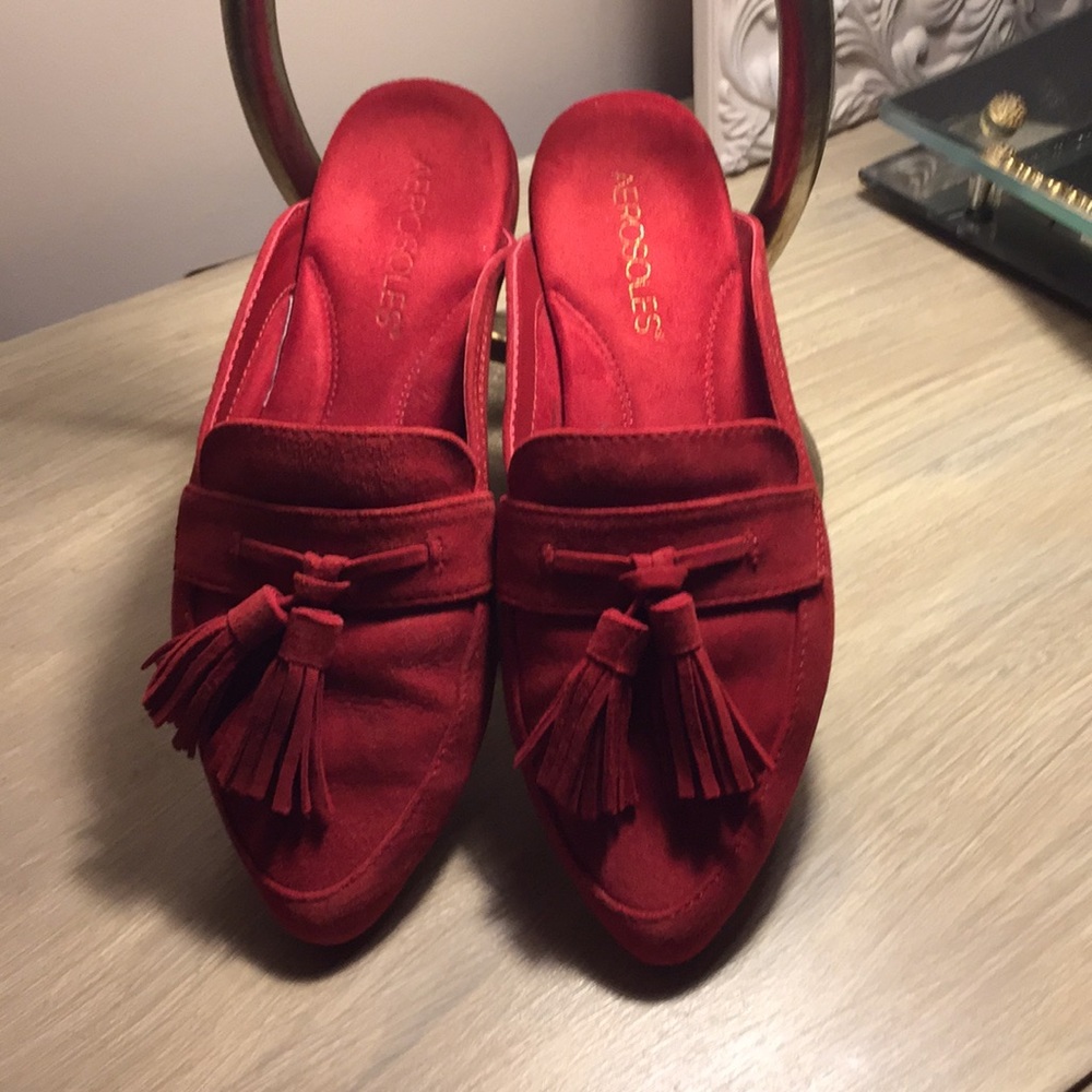 Red suede mules